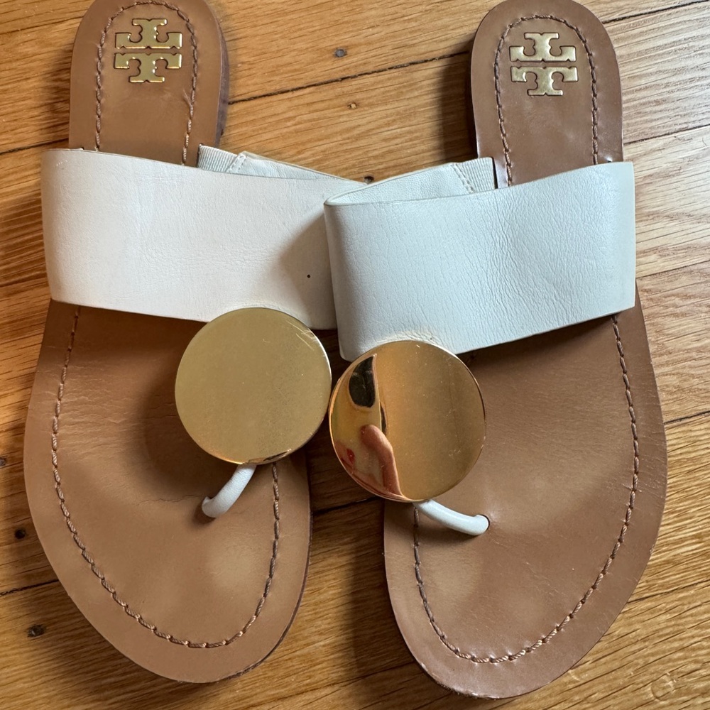 Tory Burch White and Gold Sandals